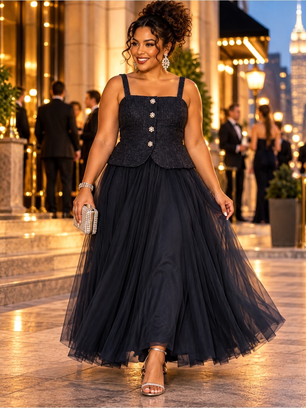 Taylor NWT Navy Bouclé Button Front Tulle Maxi Dress Size 16 Sleeveless